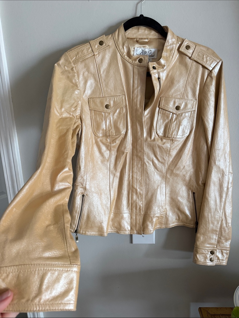 Aria Vintage Metallic Beige Leather Bomber Jacket